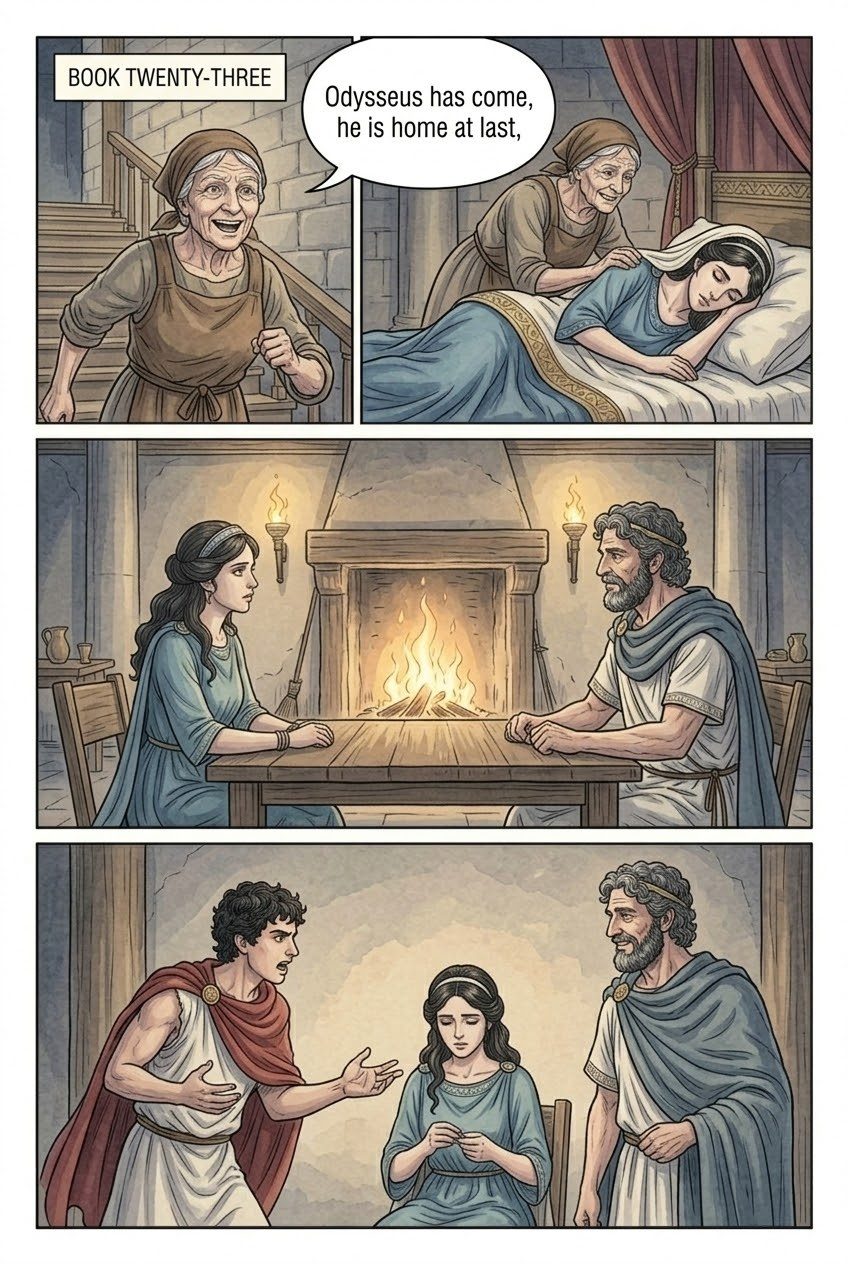 The Odyssey, Book 23, manga page 1 of 3: The secret of the bed: Penelope knows her husband.