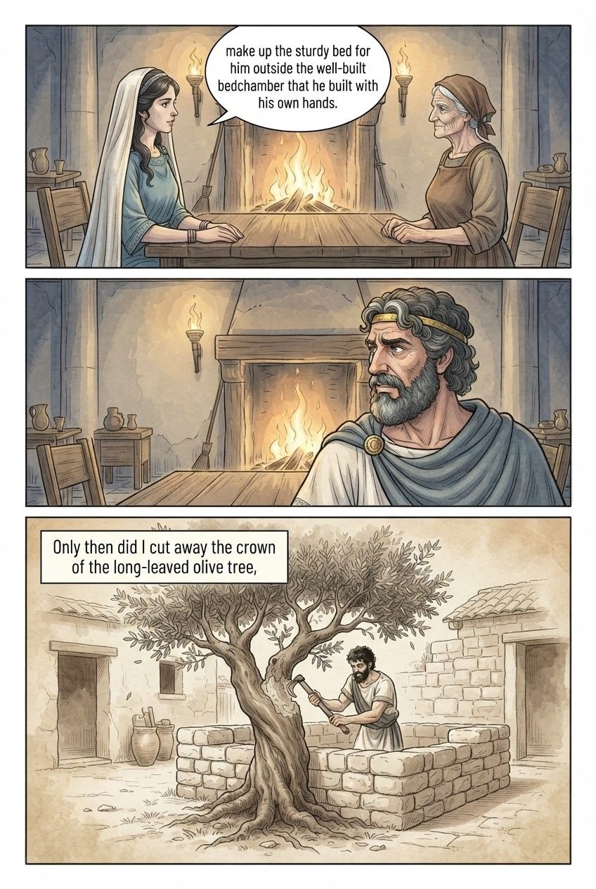 The Odyssey, Book 23, manga page 2 of 3: The secret of the bed: Penelope knows her husband.