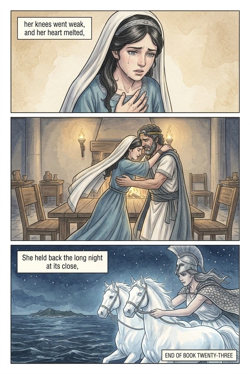 The Odyssey, Book 23, manga page 3 of 3: The secret of the bed: Penelope knows her husband.