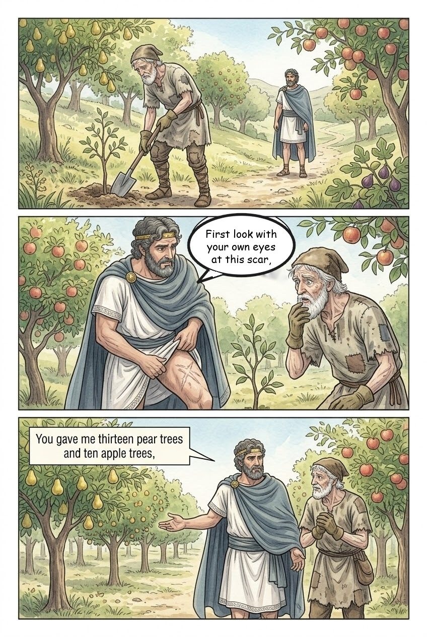 The Odyssey, Book 24, manga page 2 of 4: The suitors' souls go down to Hades; Odysseus and Laertes; peace.