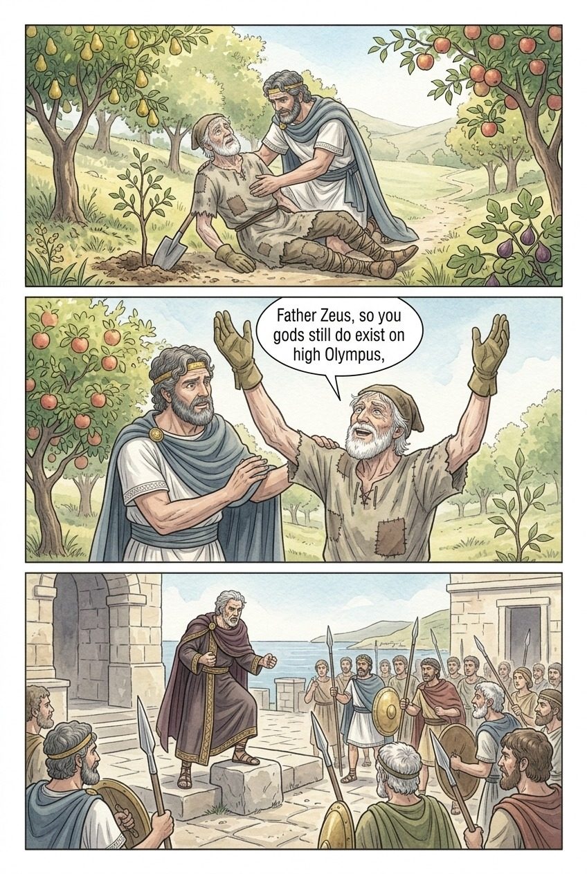 The Odyssey, Book 24, manga page 3 of 4: The suitors' souls go down to Hades; Odysseus and Laertes; peace.