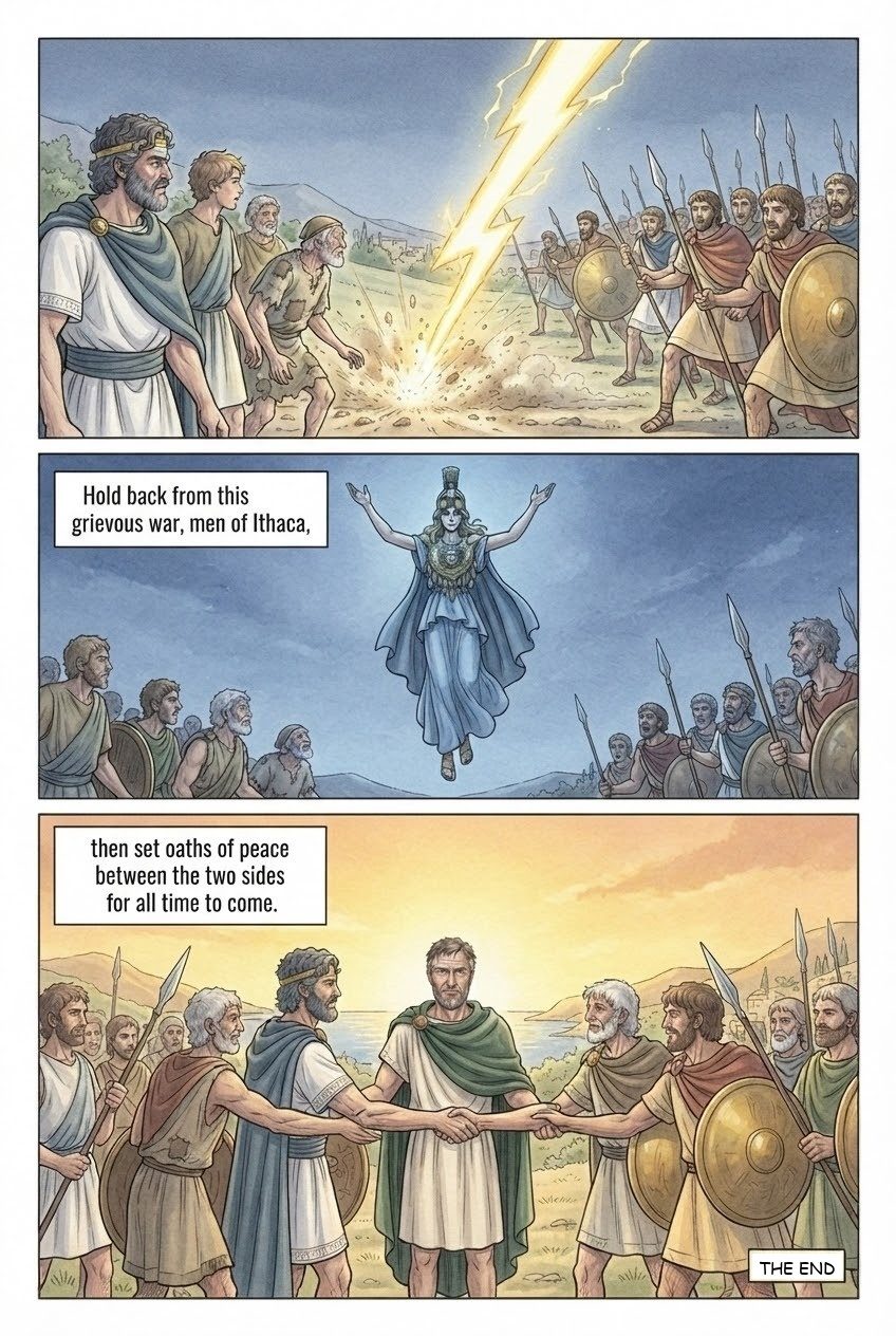The Odyssey, Book 24, manga page 4 of 4: The suitors' souls go down to Hades; Odysseus and Laertes; peace.