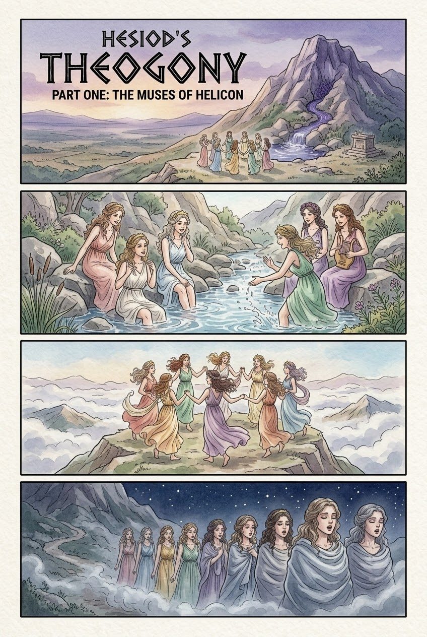 The Theogony, Part 1, manga page 1 of 6: The Muses of Helicon meet the shepherd Hesiod, give him a laurel staff and a divine voice.