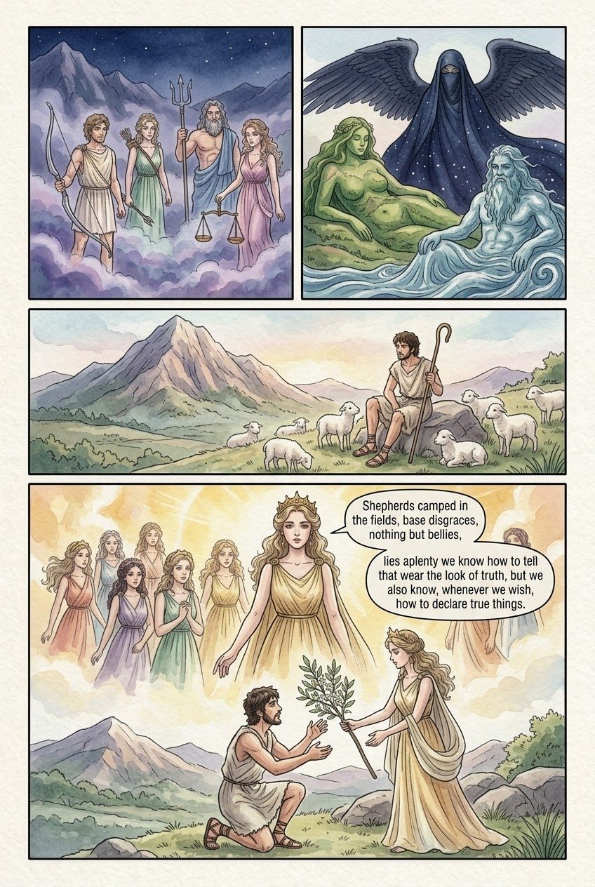 The Theogony, Part 1, manga page 2 of 6: The Muses of Helicon meet the shepherd Hesiod, give him a laurel staff and a divine voice.
