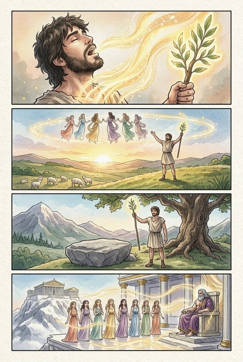 The Theogony, Part 1, manga page 3 of 6: The Muses of Helicon meet the shepherd Hesiod, give him a laurel staff and a divine voice.
