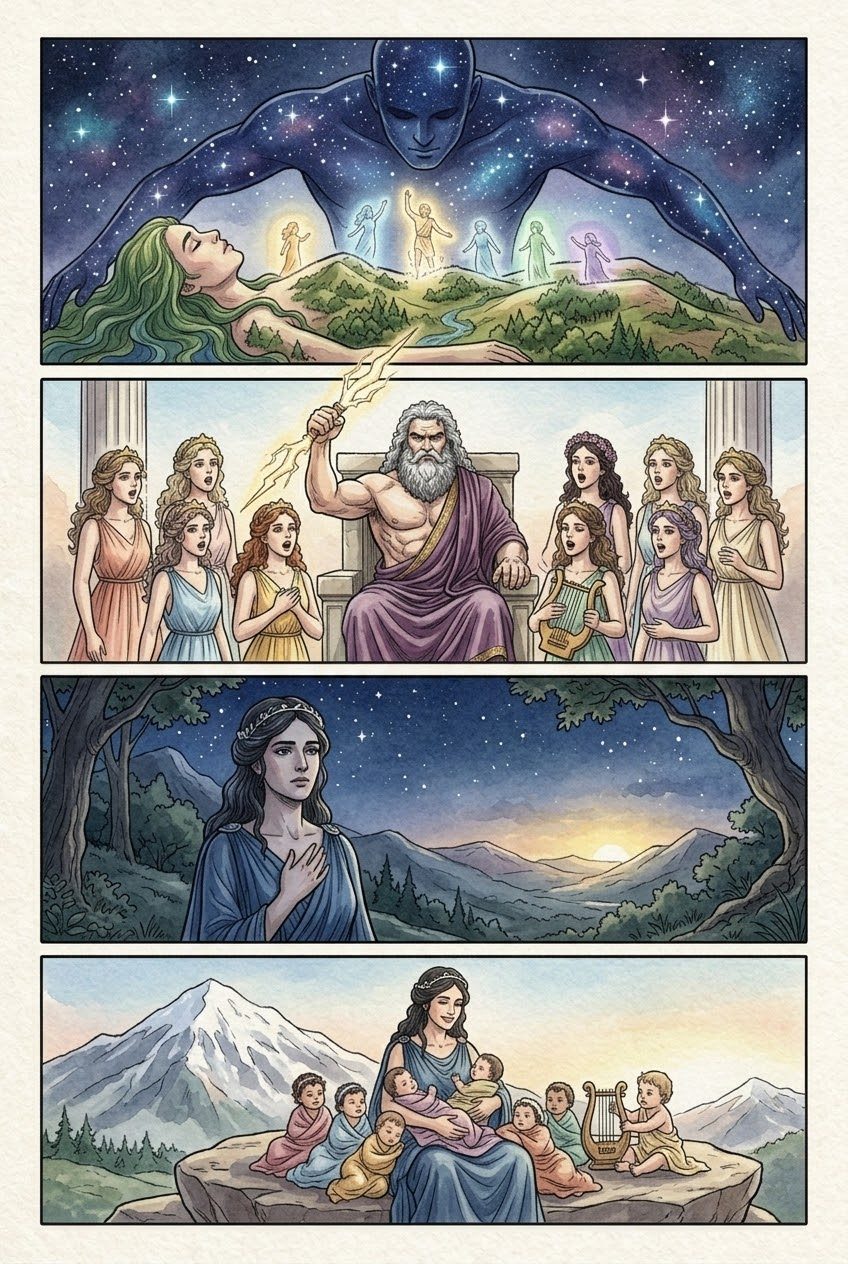 The Theogony, Part 1, manga page 4 of 6: The Muses of Helicon meet the shepherd Hesiod, give him a laurel staff and a divine voice.
