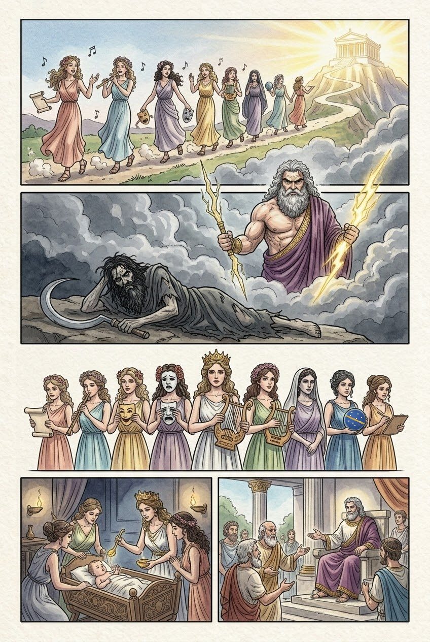 The Theogony, Part 1, manga page 5 of 6: The Muses of Helicon meet the shepherd Hesiod, give him a laurel staff and a divine voice.