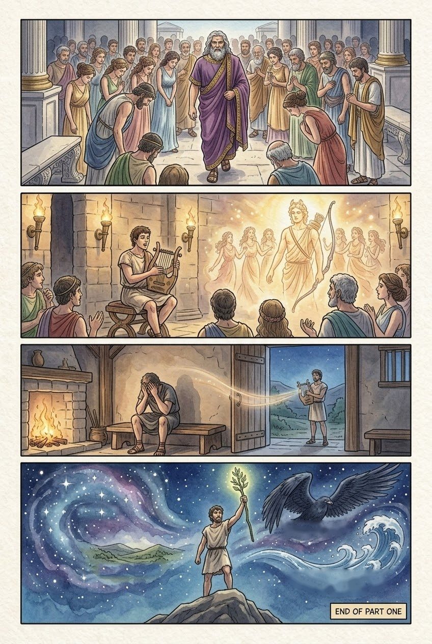The Theogony, Part 1, manga page 6 of 6: The Muses of Helicon meet the shepherd Hesiod, give him a laurel staff and a divine voice.