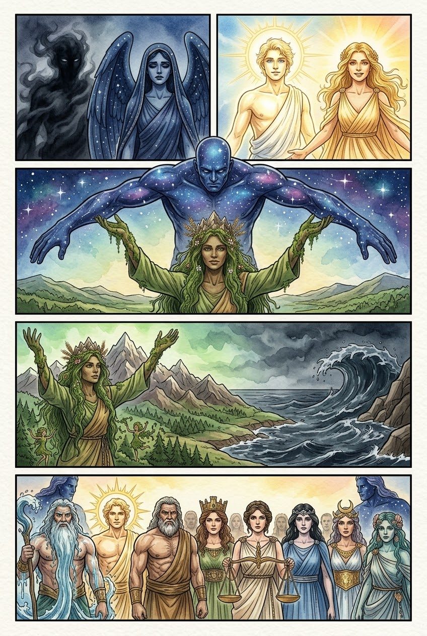 The Theogony, Part 2, manga page 2 of 4: In the beginning: Chaos, Earth, starry Heaven, the Titans, the Cyclopes and the Hundred-Handers.