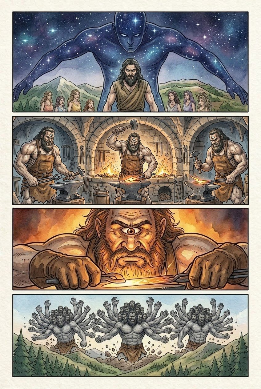 The Theogony, Part 2, manga page 3 of 4: In the beginning: Chaos, Earth, starry Heaven, the Titans, the Cyclopes and the Hundred-Handers.