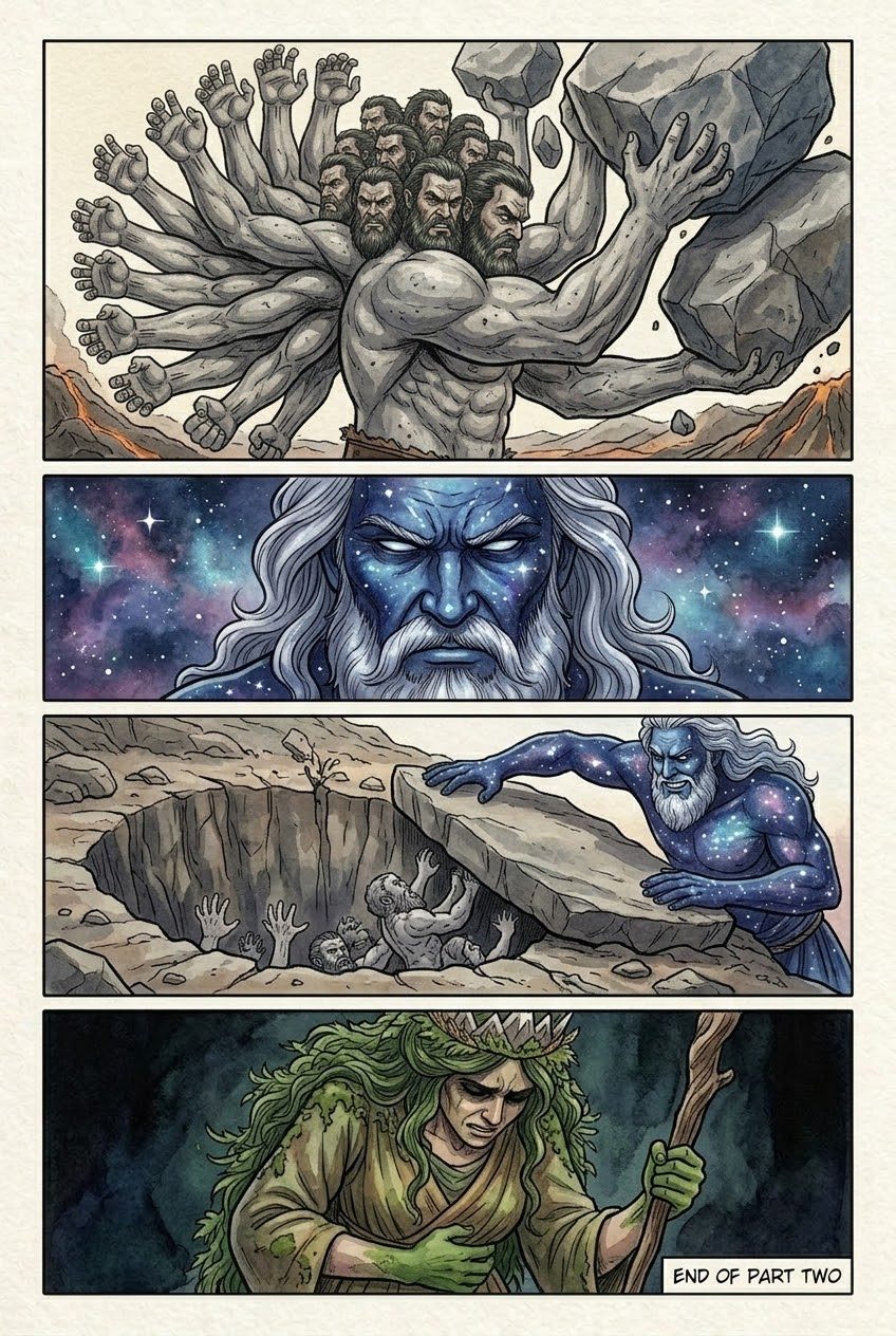 The Theogony, Part 2, manga page 4 of 4: In the beginning: Chaos, Earth, starry Heaven, the Titans, the Cyclopes and the Hundred-Handers.