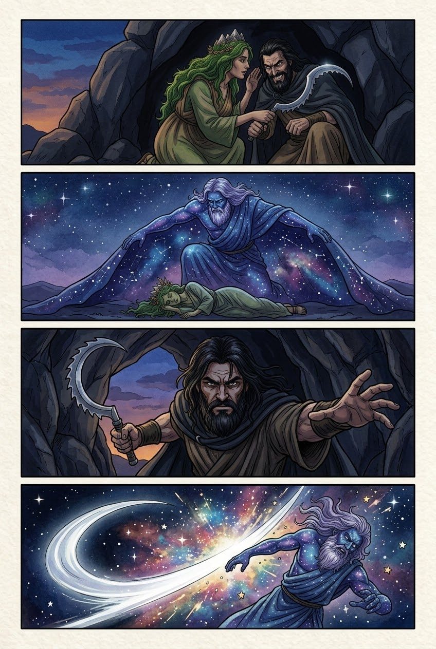 The Theogony, Part 3, manga page 2 of 4: The sickle: Earth's plan, Cronus's ambush, and Aphrodite born from the sea foam.