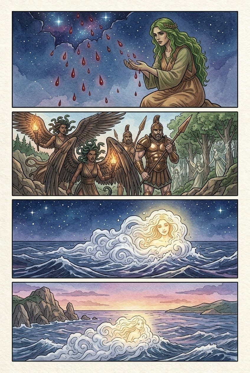 The Theogony, Part 3, manga page 3 of 4: The sickle: Earth's plan, Cronus's ambush, and Aphrodite born from the sea foam.