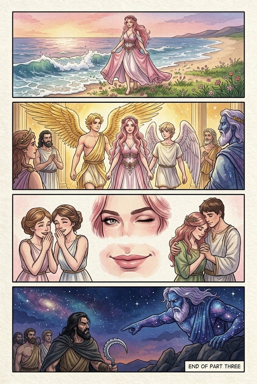 The Theogony, Part 3, manga page 4 of 4: The sickle: Earth's plan, Cronus's ambush, and Aphrodite born from the sea foam.