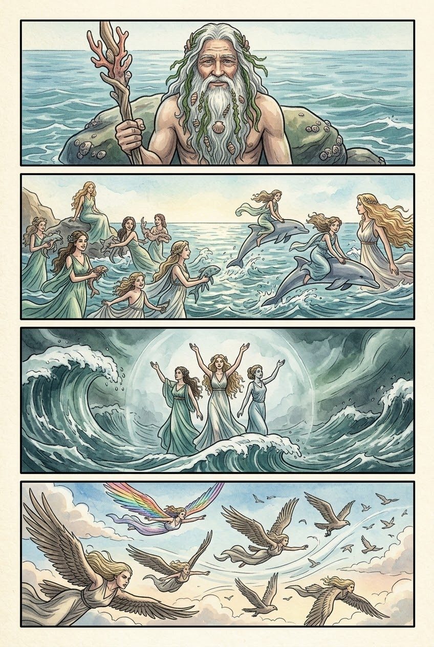 The Theogony, Part 4, manga page 2 of 6: Children of Night and Sea: the Fates, Nereus, Medusa and Pegasus, Echidna and her monsters, Styx and Hecate.