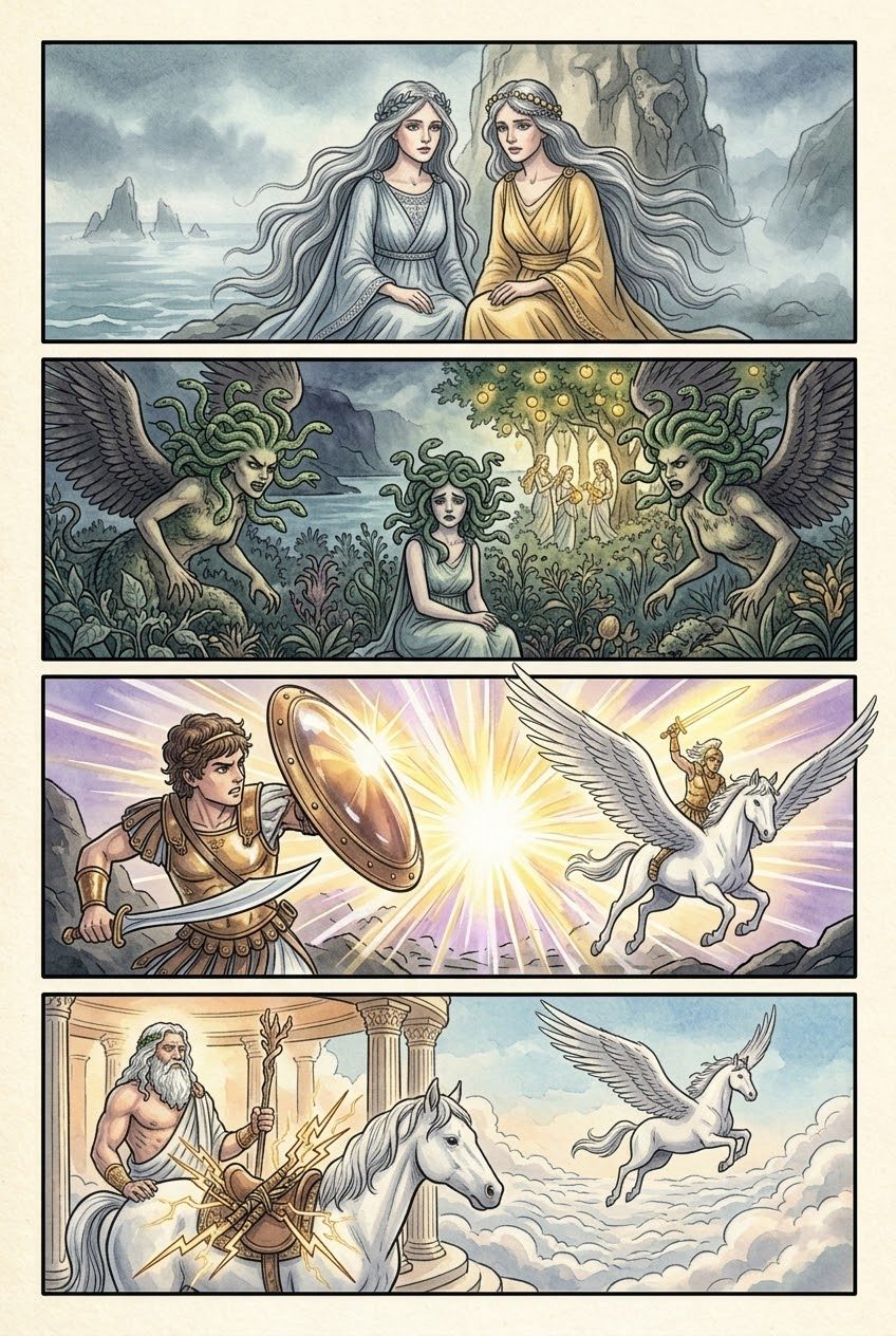 The Theogony, Part 4, manga page 3 of 6: Children of Night and Sea: the Fates, Nereus, Medusa and Pegasus, Echidna and her monsters, Styx and Hecate.