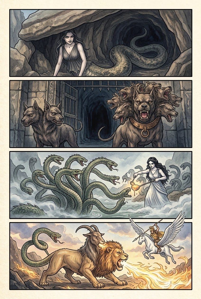 The Theogony, Part 4, manga page 4 of 6: Children of Night and Sea: the Fates, Nereus, Medusa and Pegasus, Echidna and her monsters, Styx and Hecate.