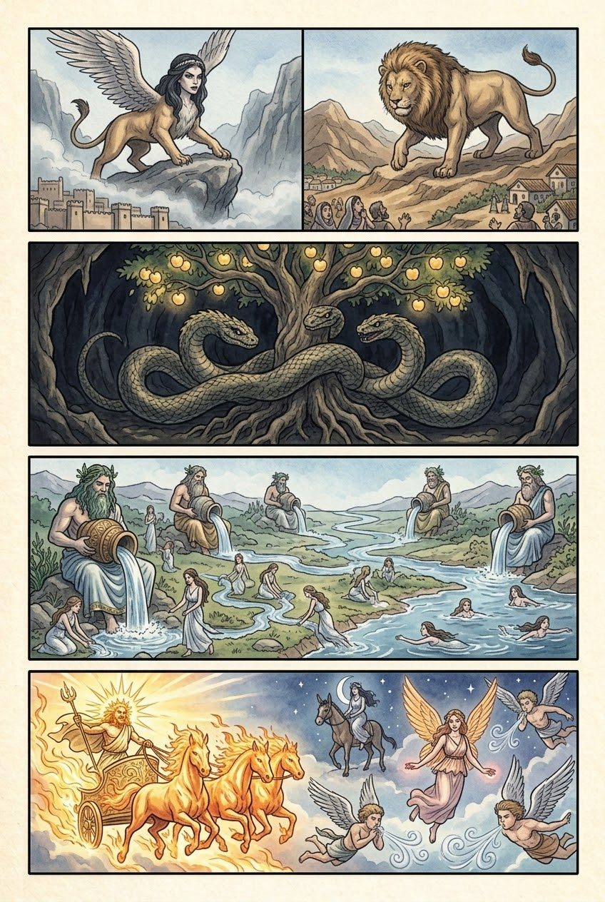 The Theogony, Part 4, manga page 5 of 6: Children of Night and Sea: the Fates, Nereus, Medusa and Pegasus, Echidna and her monsters, Styx and Hecate.