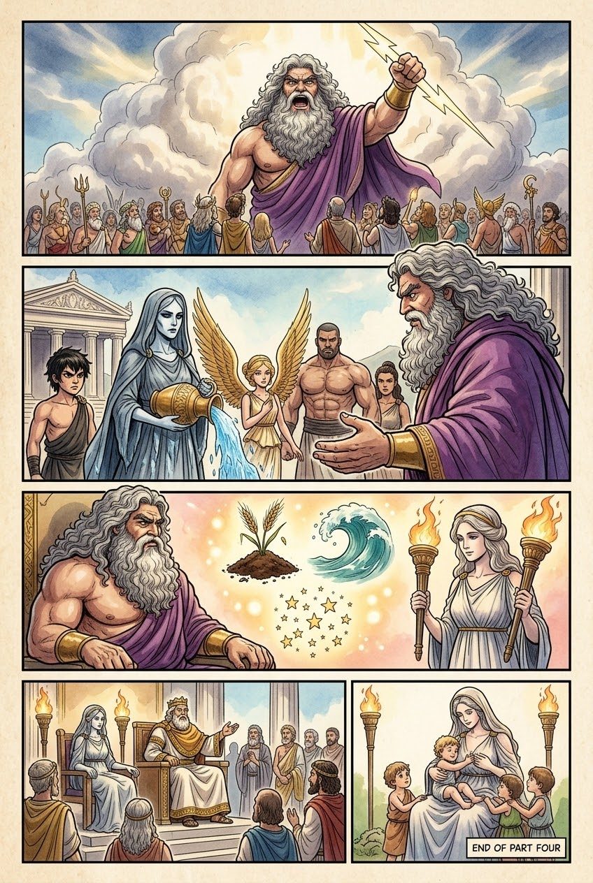 The Theogony, Part 4, manga page 6 of 6: Children of Night and Sea: the Fates, Nereus, Medusa and Pegasus, Echidna and her monsters, Styx and Hecate.