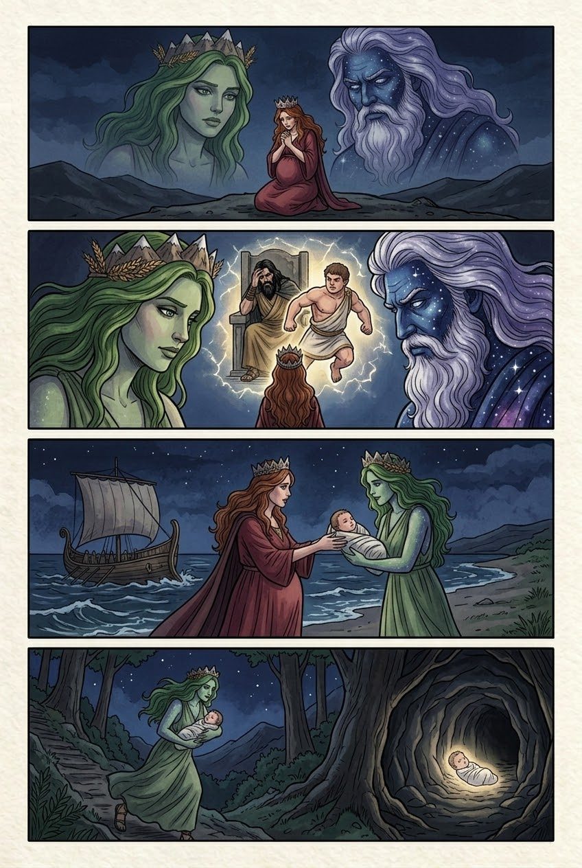 The Theogony, Part 5, manga page 2 of 4: The swallowed children: Cronus swallows his children, Rhea hides baby Zeus on Crete, the stone.