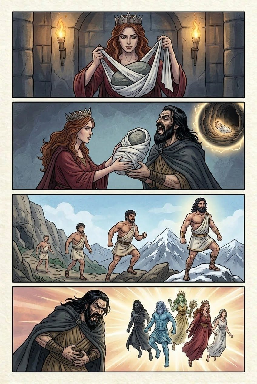 The Theogony, Part 5, manga page 3 of 4: The swallowed children: Cronus swallows his children, Rhea hides baby Zeus on Crete, the stone.