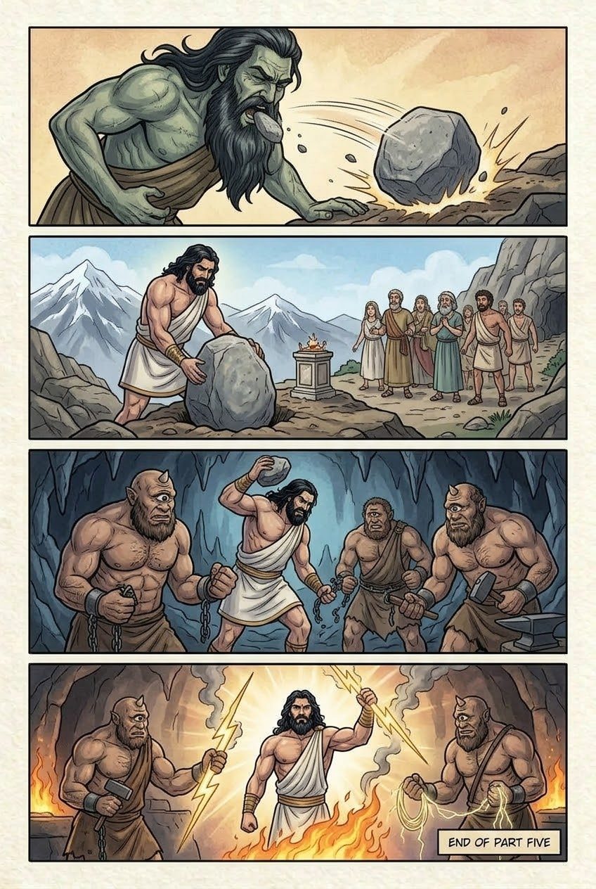 The Theogony, Part 5, manga page 4 of 4: The swallowed children: Cronus swallows his children, Rhea hides baby Zeus on Crete, the stone.