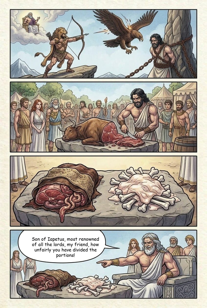 The Theogony, Part 6, manga page 2 of 6: Prometheus and the first woman: the trick at Mecone, the stolen fire, the woman made of earth.