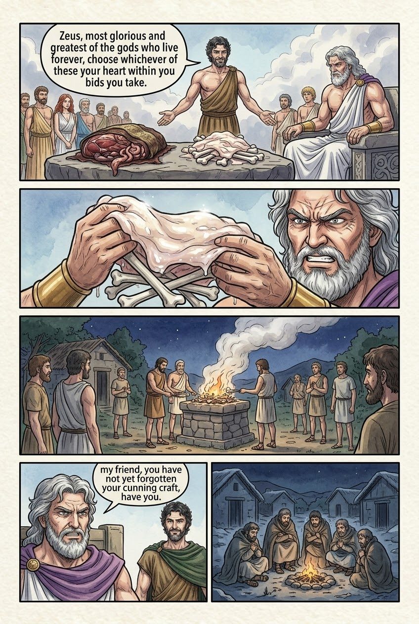 The Theogony, Part 6, manga page 3 of 6: Prometheus and the first woman: the trick at Mecone, the stolen fire, the woman made of earth.