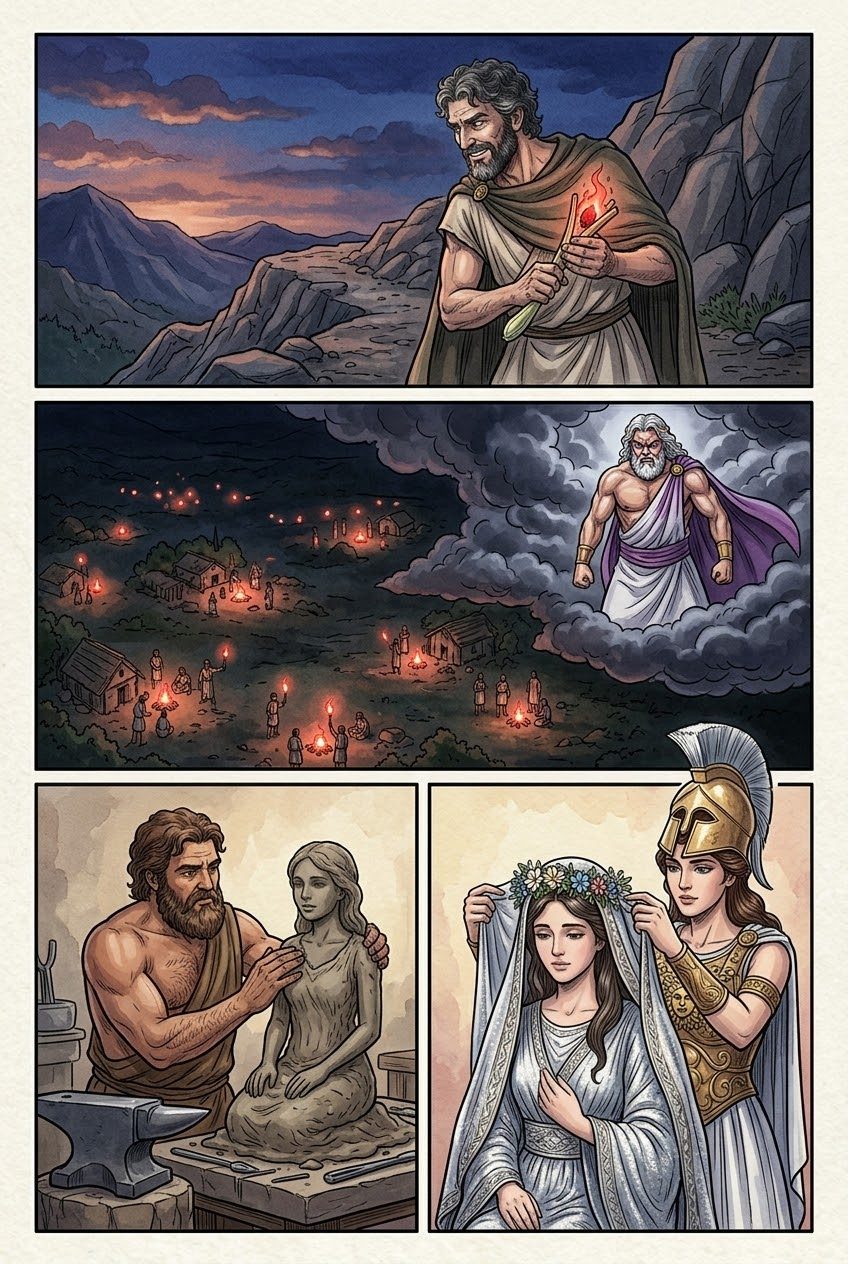The Theogony, Part 6, manga page 4 of 6: Prometheus and the first woman: the trick at Mecone, the stolen fire, the woman made of earth.