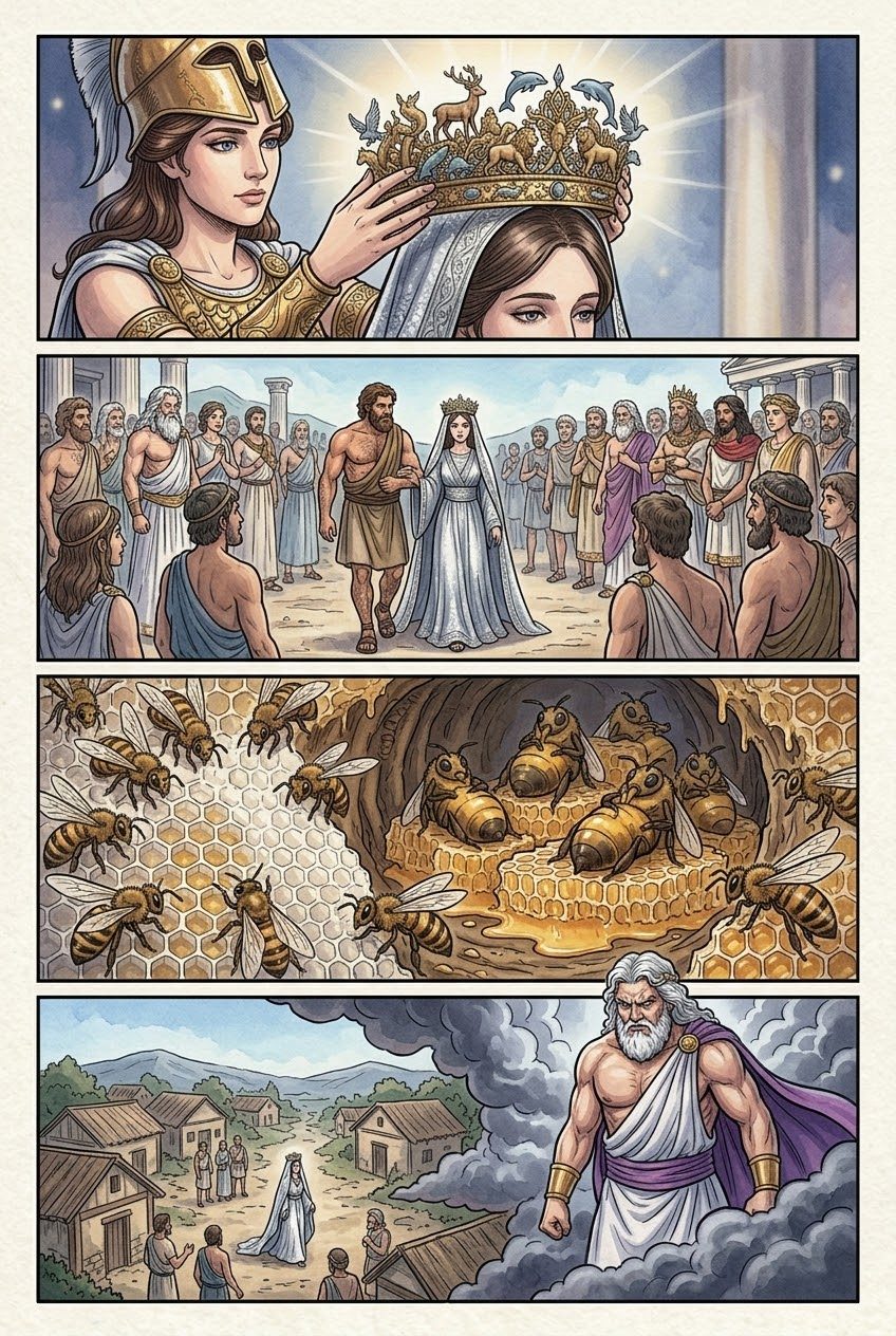 The Theogony, Part 6, manga page 5 of 6: Prometheus and the first woman: the trick at Mecone, the stolen fire, the woman made of earth.