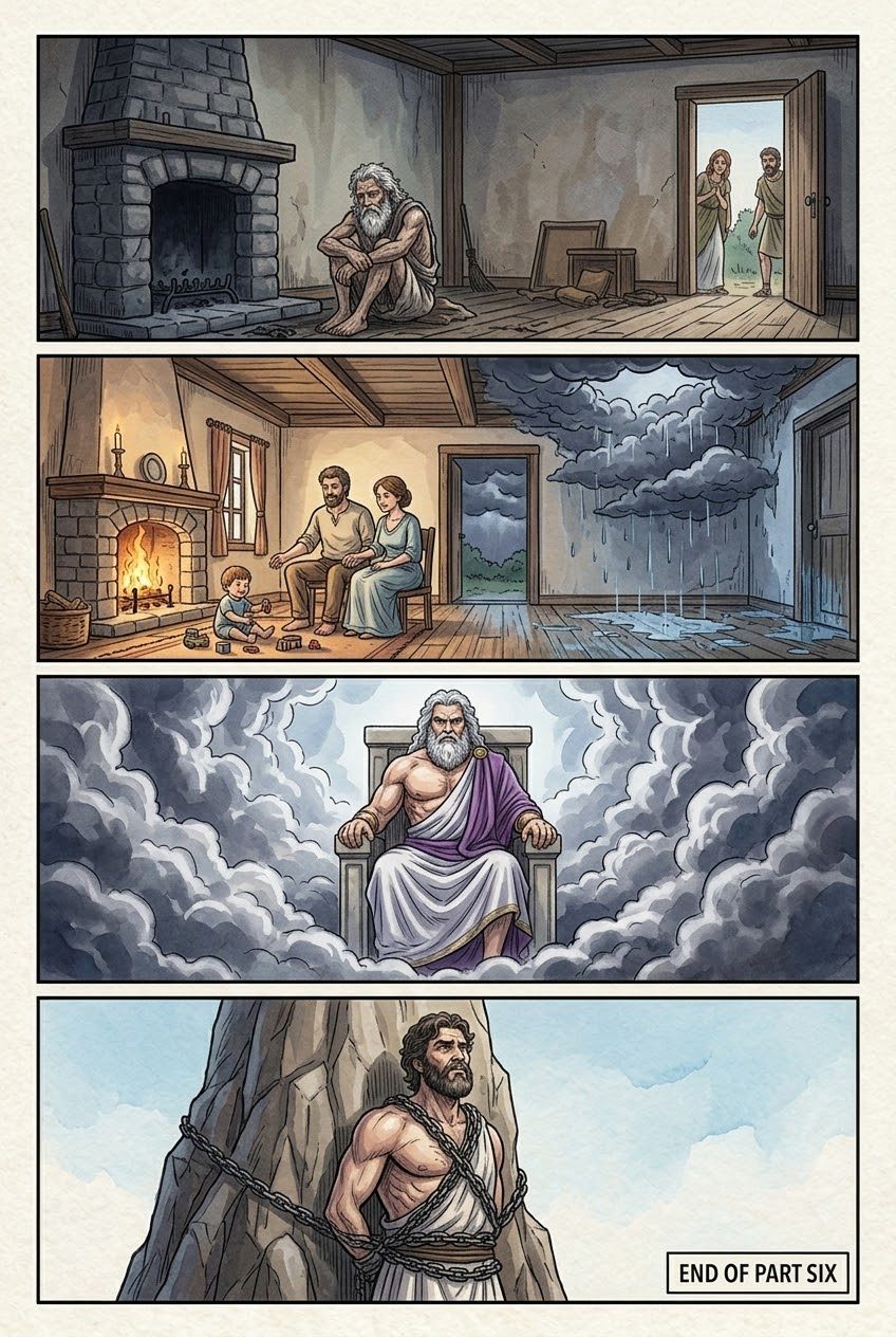 The Theogony, Part 6, manga page 6 of 6: Prometheus and the first woman: the trick at Mecone, the stolen fire, the woman made of earth.