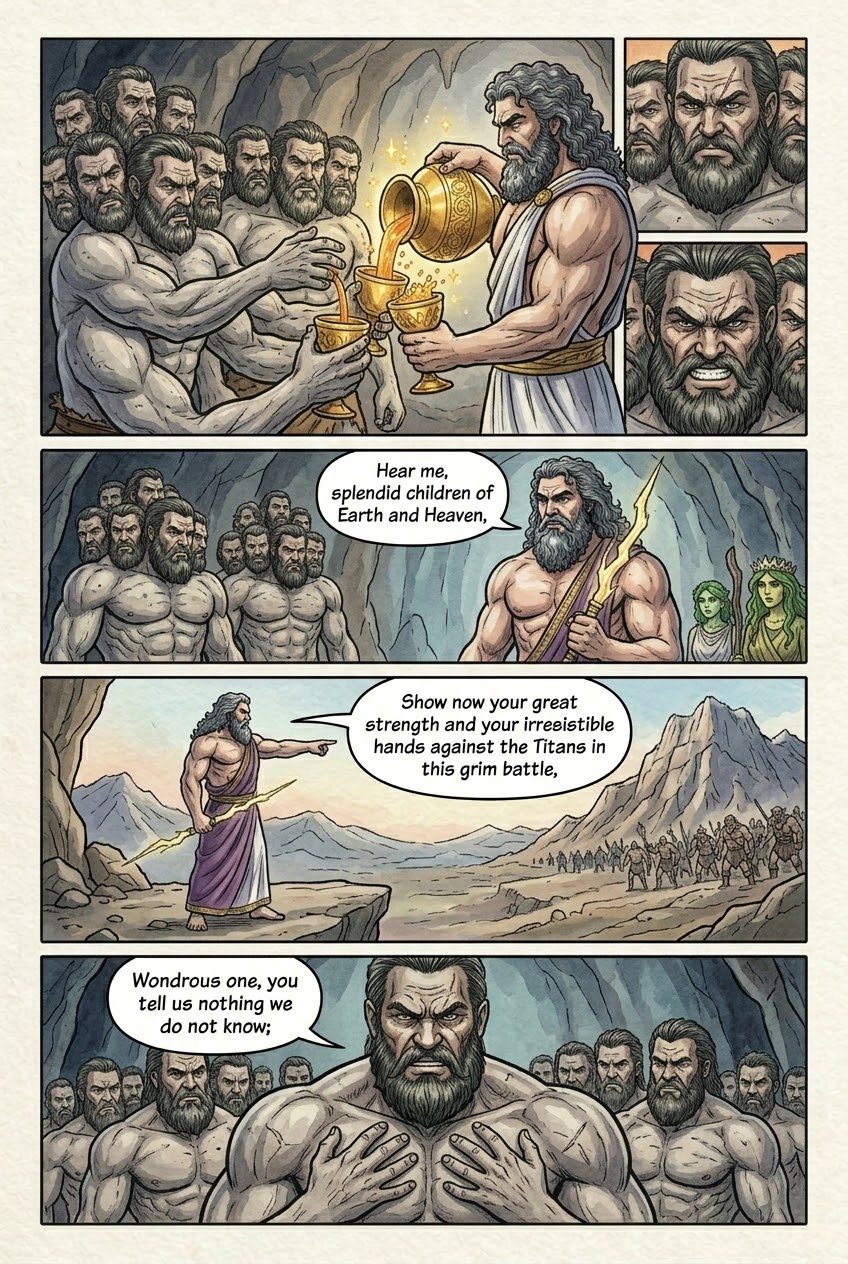 The Theogony, Part 7, manga page 2 of 7: The war of the Titans: the Hundred-Handers freed, Zeus unleashes the thunderbolt, Tartarus.