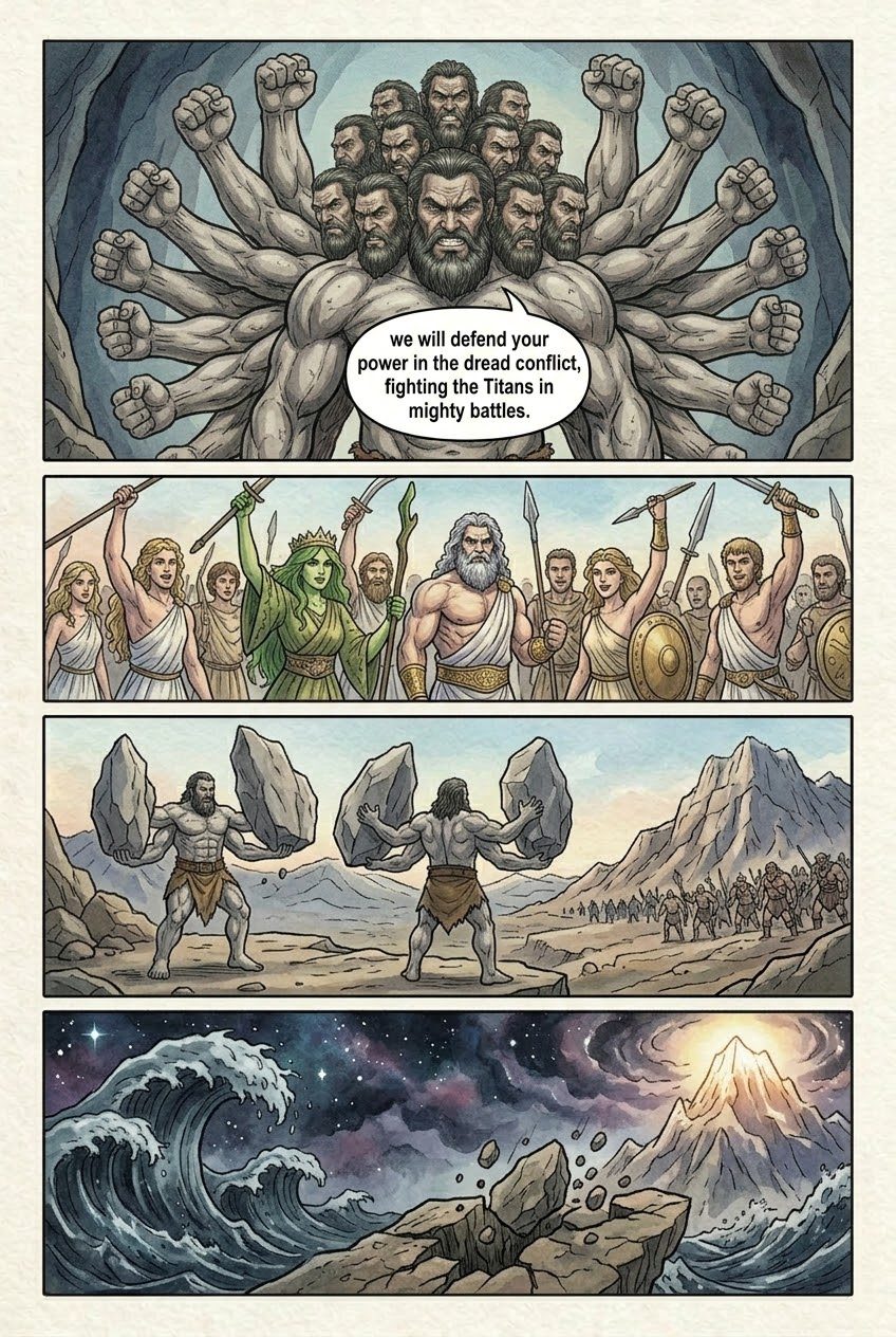 The Theogony, Part 7, manga page 3 of 7: The war of the Titans: the Hundred-Handers freed, Zeus unleashes the thunderbolt, Tartarus.
