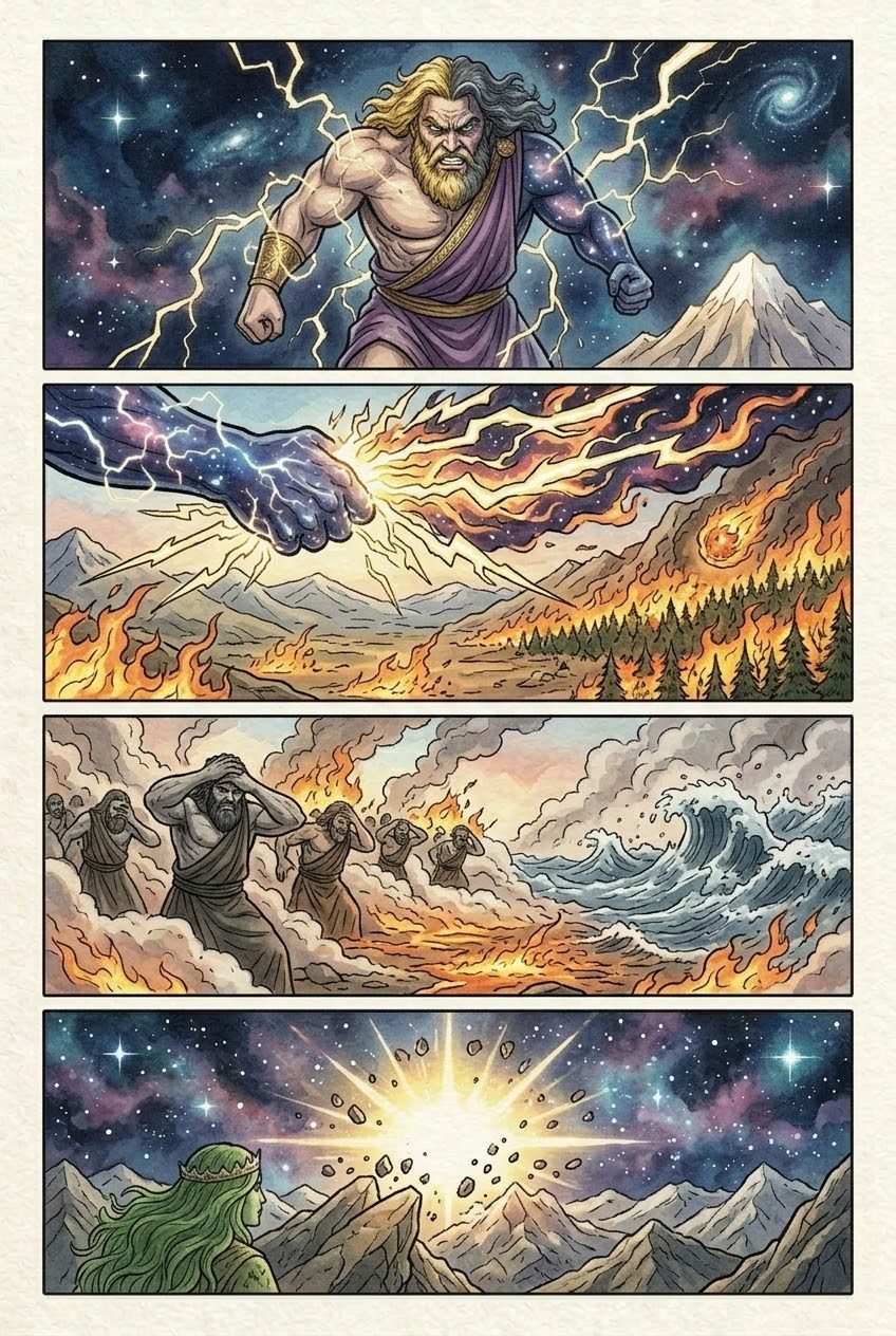The Theogony, Part 7, manga page 4 of 7: The war of the Titans: the Hundred-Handers freed, Zeus unleashes the thunderbolt, Tartarus.