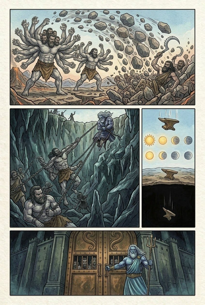 The Theogony, Part 7, manga page 5 of 7: The war of the Titans: the Hundred-Handers freed, Zeus unleashes the thunderbolt, Tartarus.