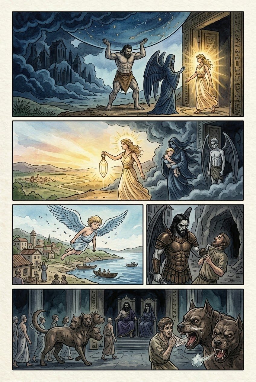 The Theogony, Part 7, manga page 6 of 7: The war of the Titans: the Hundred-Handers freed, Zeus unleashes the thunderbolt, Tartarus.