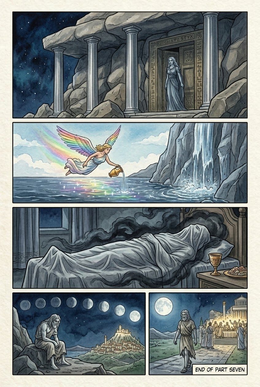 The Theogony, Part 7, manga page 7 of 7: The war of the Titans: the Hundred-Handers freed, Zeus unleashes the thunderbolt, Tartarus.
