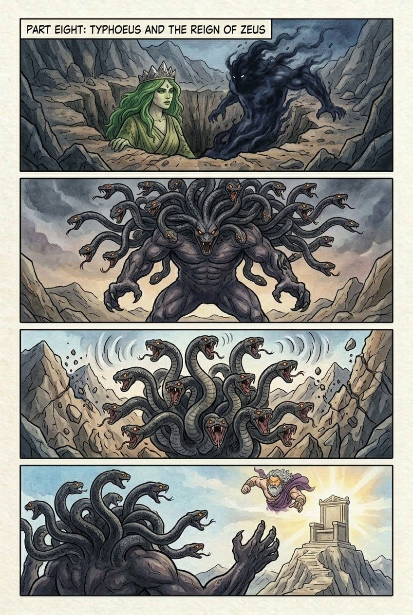 The Theogony, Part 8, manga page 1 of 6: Typhoeus and the reign of Zeus: the hundred-headed monster, Athena born from his head, the gods.