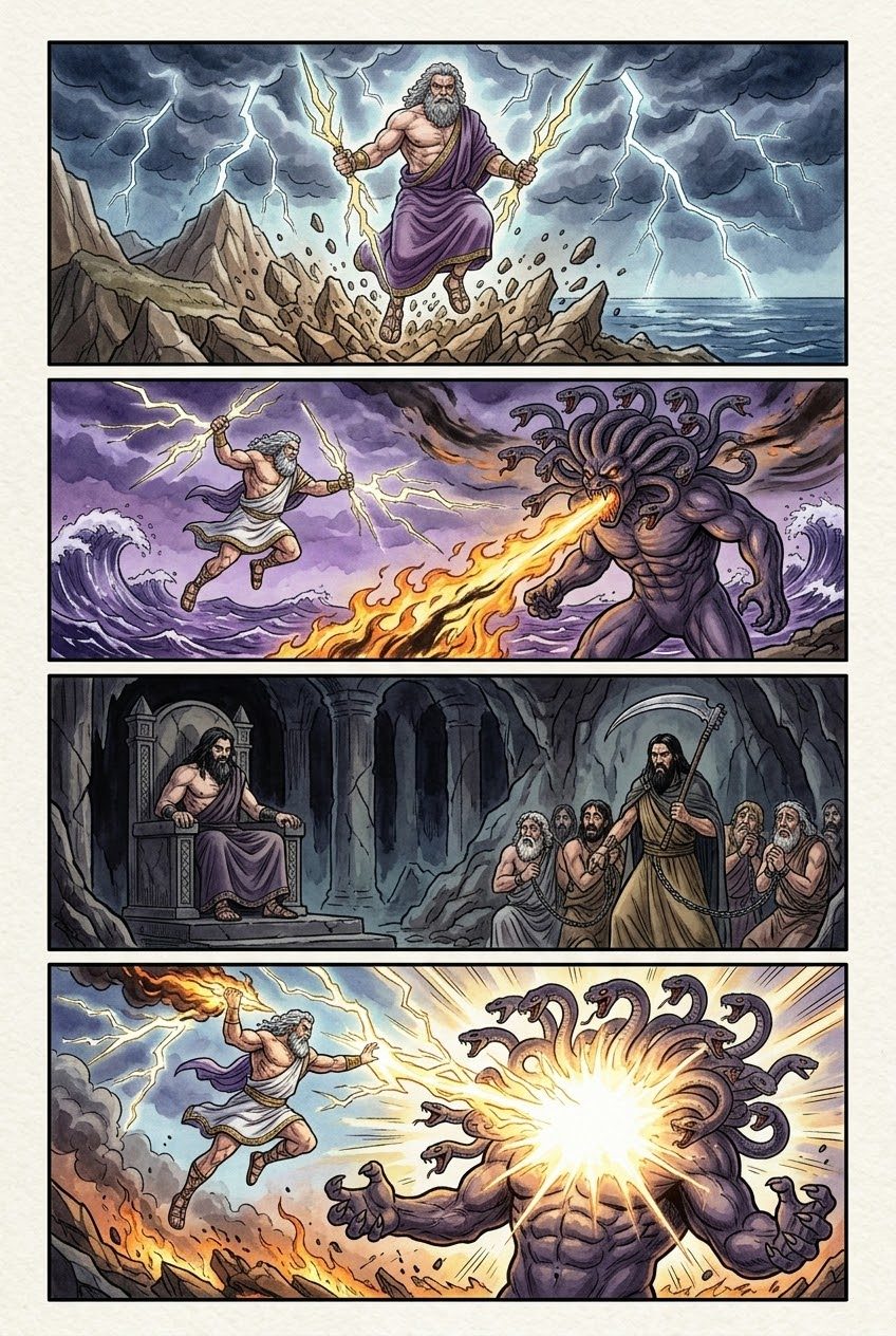The Theogony, Part 8, manga page 2 of 6: Typhoeus and the reign of Zeus: the hundred-headed monster, Athena born from his head, the gods.