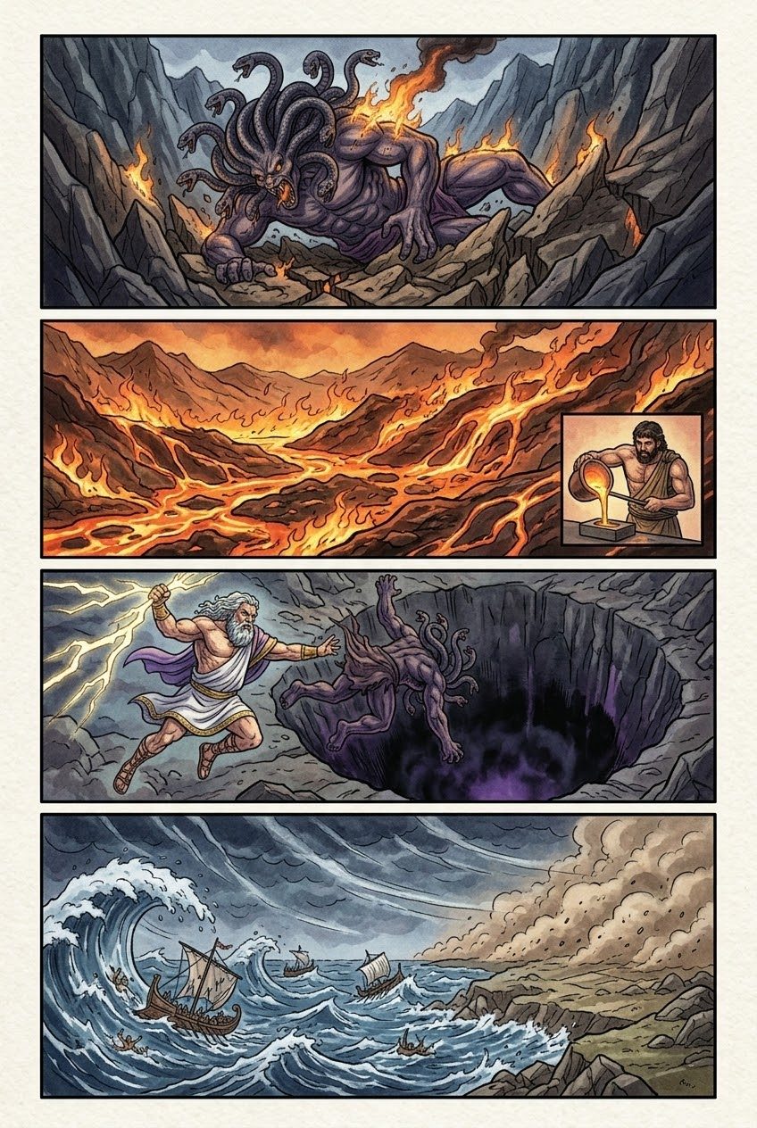 The Theogony, Part 8, manga page 3 of 6: Typhoeus and the reign of Zeus: the hundred-headed monster, Athena born from his head, the gods.