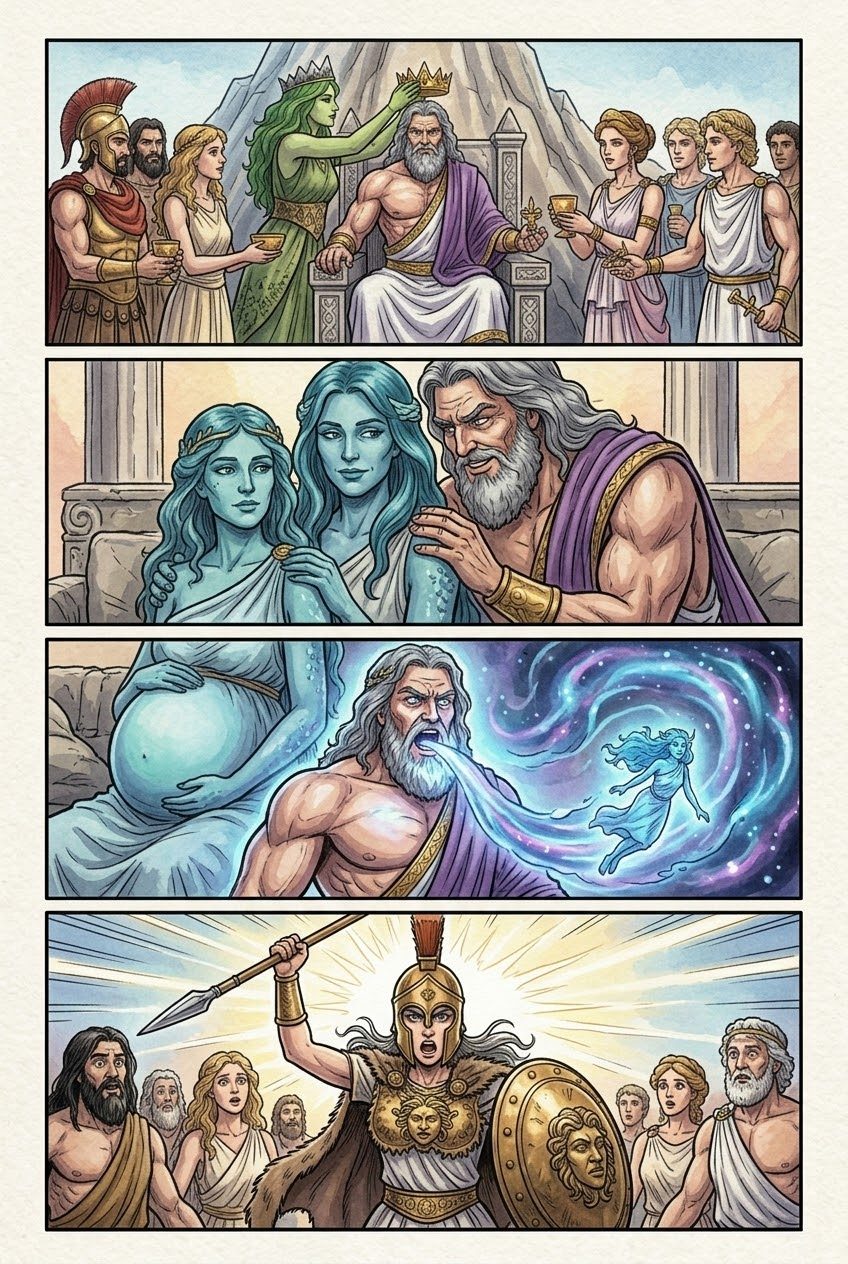 The Theogony, Part 8, manga page 4 of 6: Typhoeus and the reign of Zeus: the hundred-headed monster, Athena born from his head, the gods.
