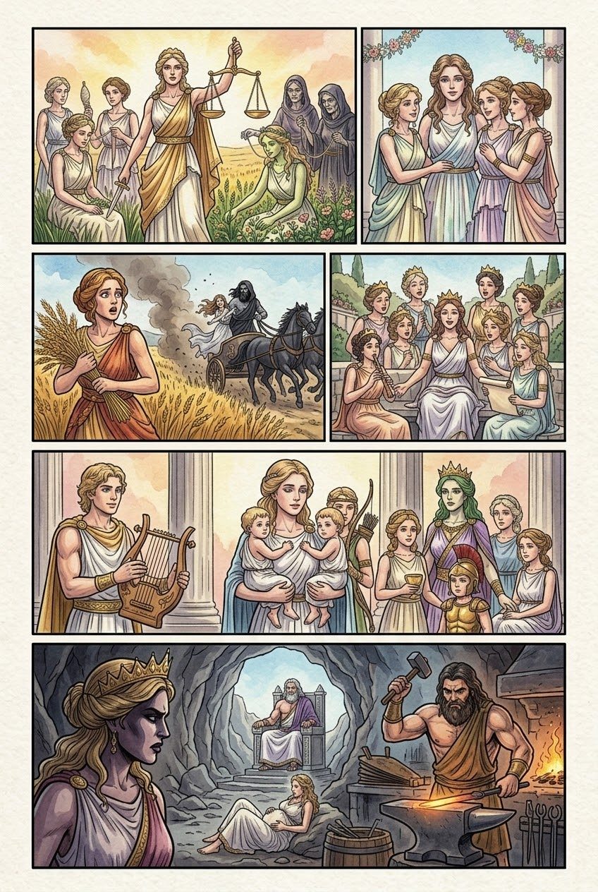 The Theogony, Part 8, manga page 5 of 6: Typhoeus and the reign of Zeus: the hundred-headed monster, Athena born from his head, the gods.