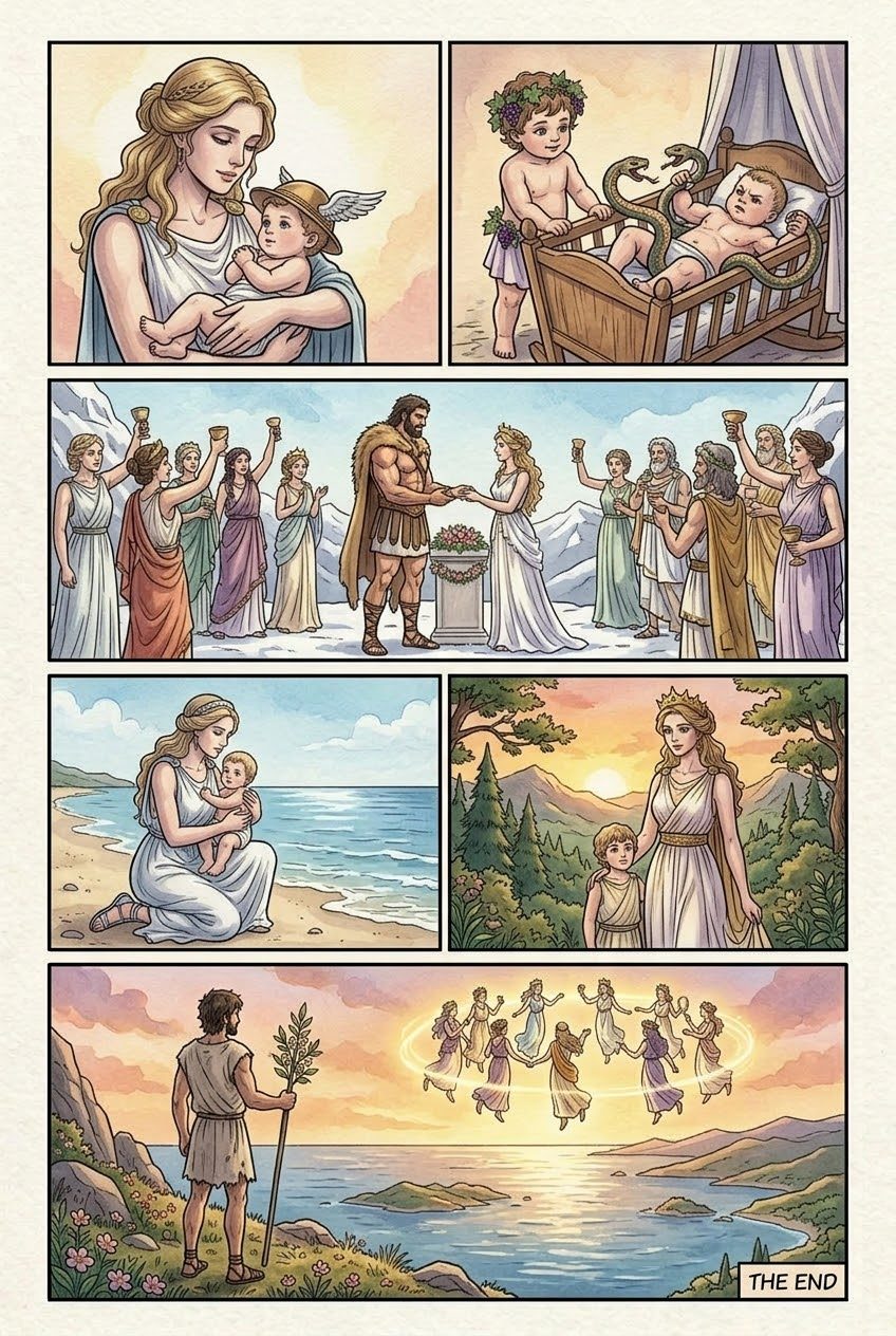 The Theogony, Part 8, manga page 6 of 6: Typhoeus and the reign of Zeus: the hundred-headed monster, Athena born from his head, the gods.