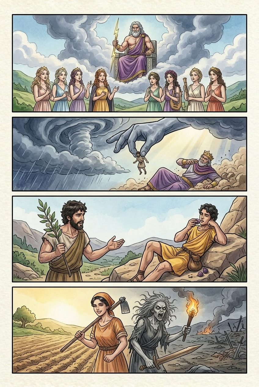 Works and Days, Part 1, manga page 1 of 4: The two Strifes: Hesiod warns his brother Perses, who took the bigger share of their inheritance and bribed the lords.