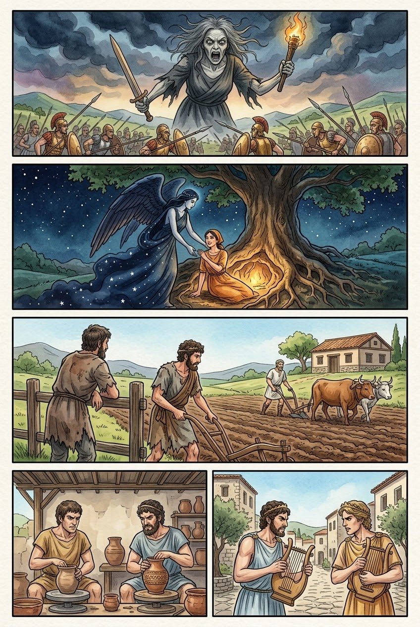 Works and Days, Part 1, manga page 2 of 4: The two Strifes: Hesiod warns his brother Perses, who took the bigger share of their inheritance and bribed the lords.