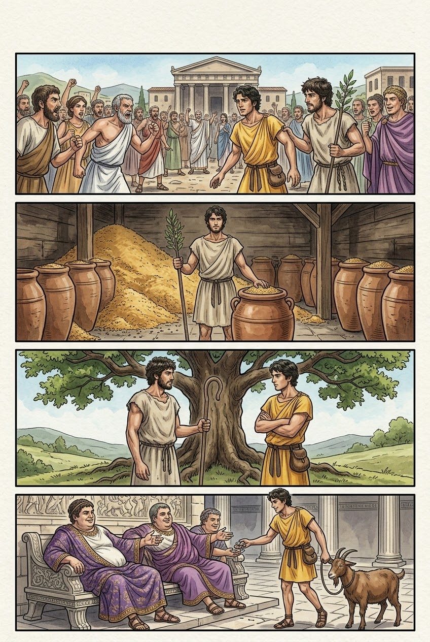 Works and Days, Part 1, manga page 3 of 4: The two Strifes: Hesiod warns his brother Perses, who took the bigger share of their inheritance and bribed the lords.