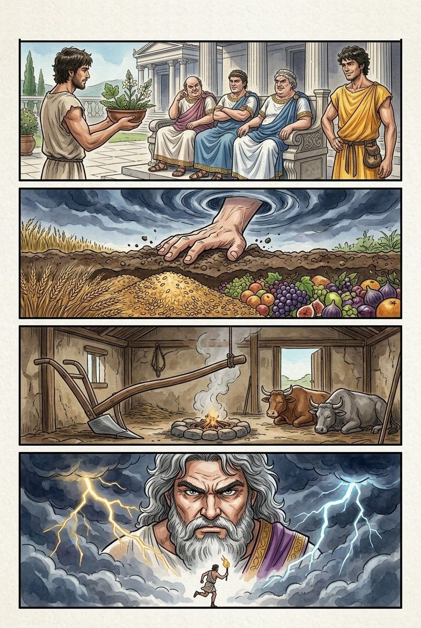 Works and Days, Part 1, manga page 4 of 4: The two Strifes: Hesiod warns his brother Perses, who took the bigger share of their inheritance and bribed the lords.