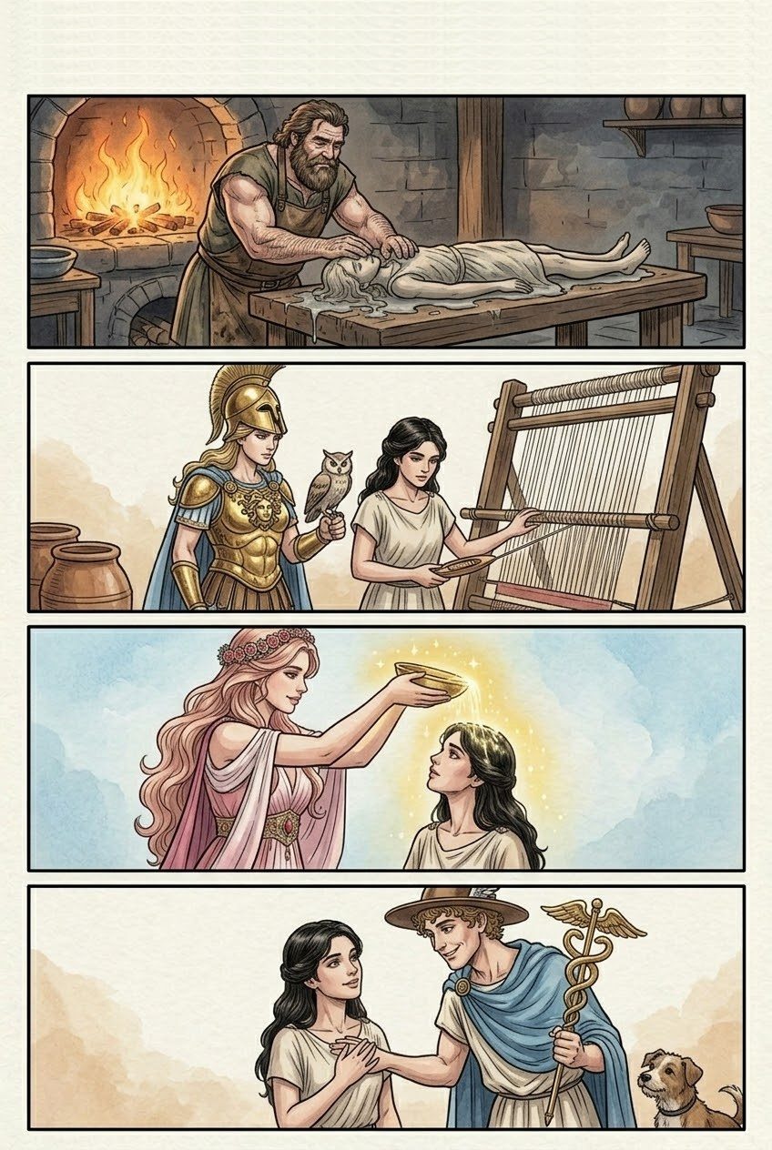 Works and Days, Part 2, manga page 2 of 6: Prometheus steals fire; Zeus has the first woman, Pandora, made; she opens the jar and only Hope stays inside.