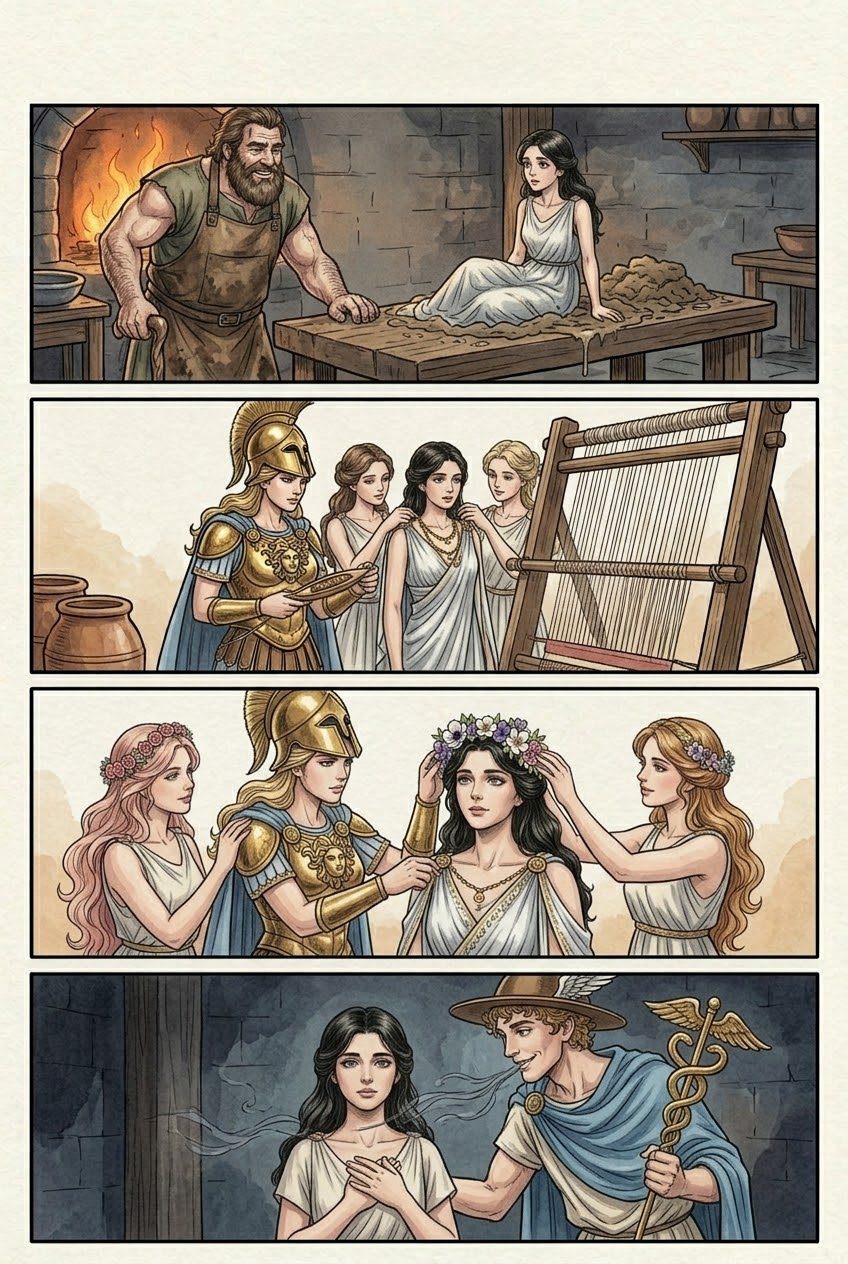 Works and Days, Part 2, manga page 3 of 6: Prometheus steals fire; Zeus has the first woman, Pandora, made; she opens the jar and only Hope stays inside.
