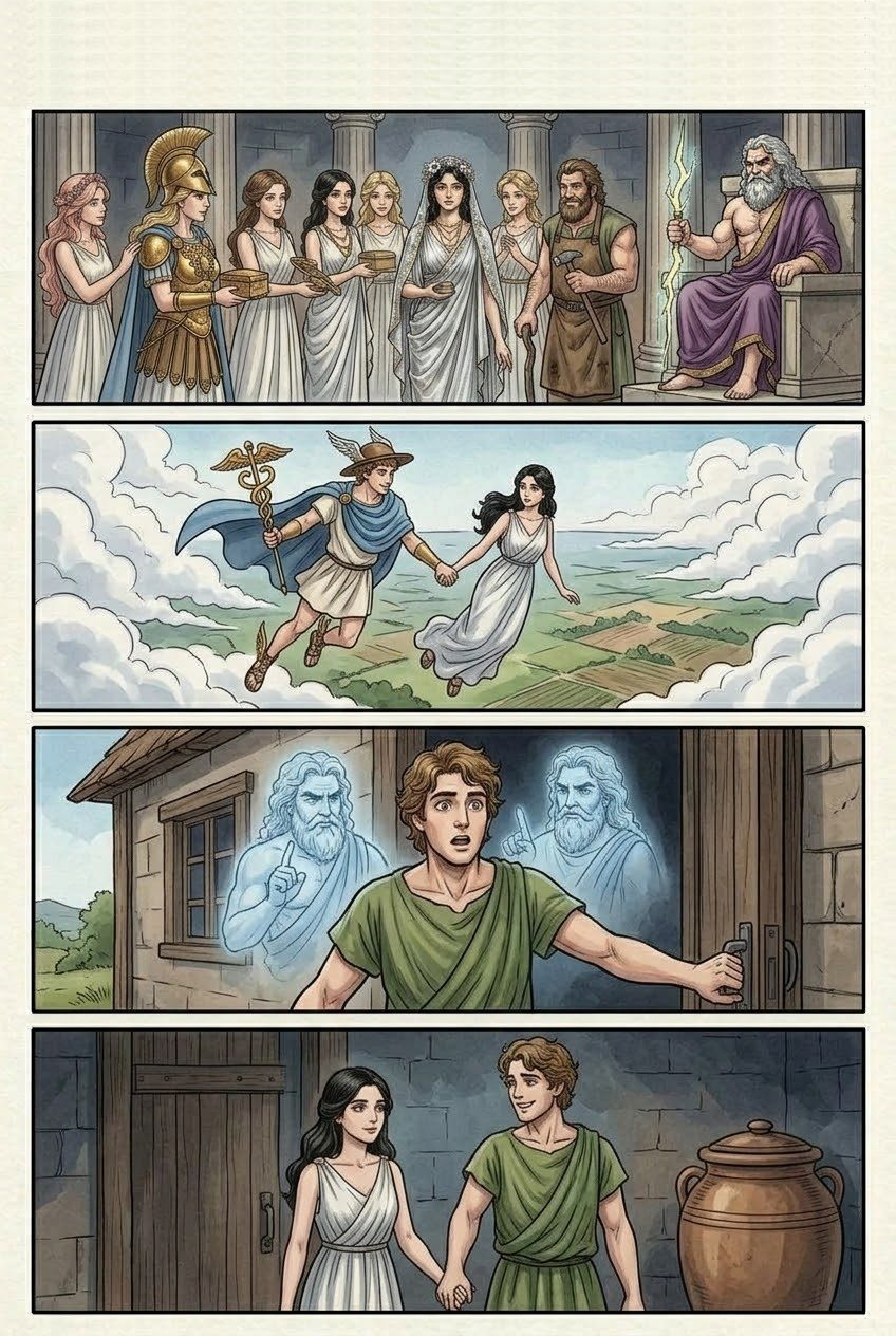 Works and Days, Part 2, manga page 4 of 6: Prometheus steals fire; Zeus has the first woman, Pandora, made; she opens the jar and only Hope stays inside.